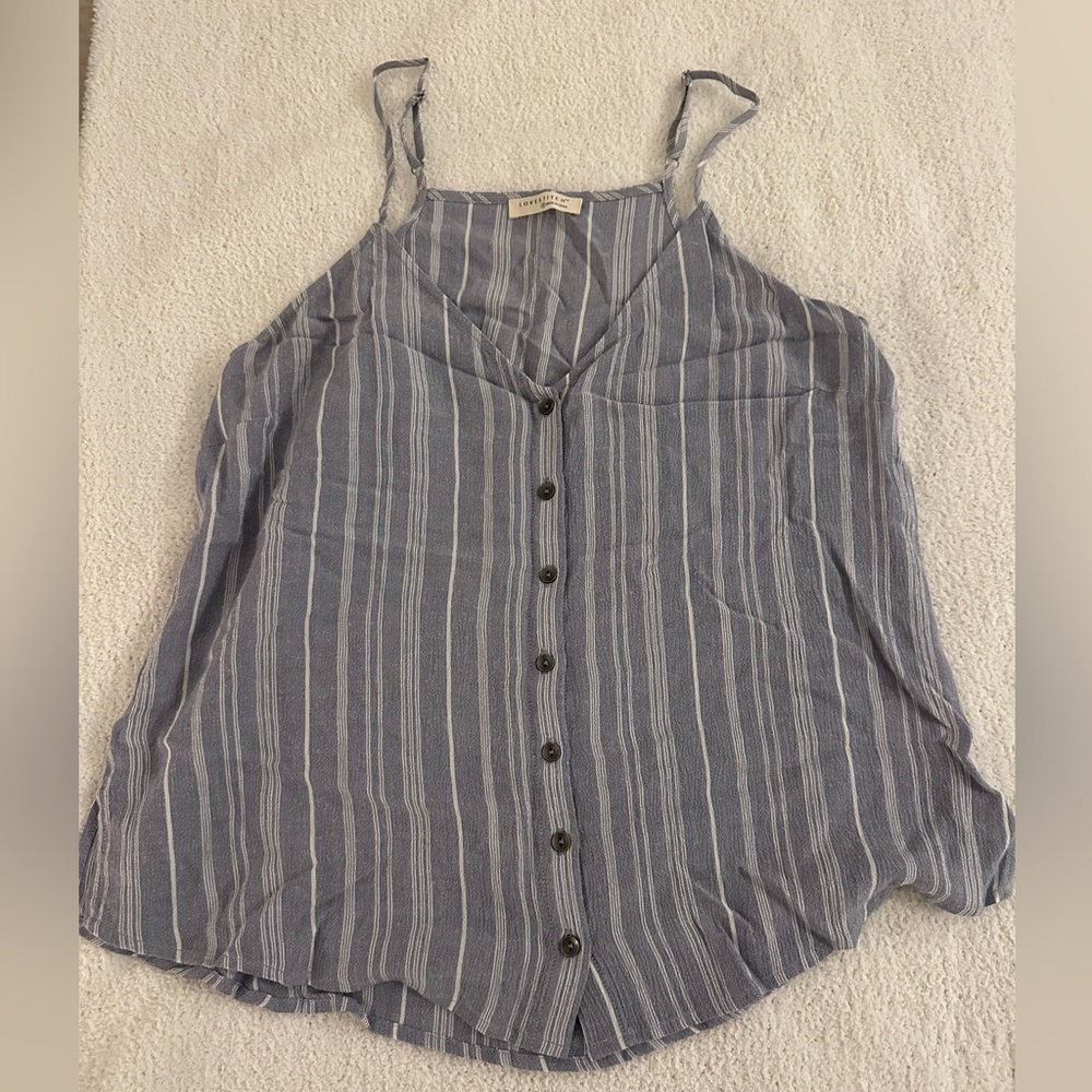 Lovestitch Boho Blue White Striped Button Down Tank Top Spaghetti Strap S